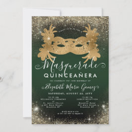Masquerade Emerald Green Gold Glitzer Quinceanera Einladung