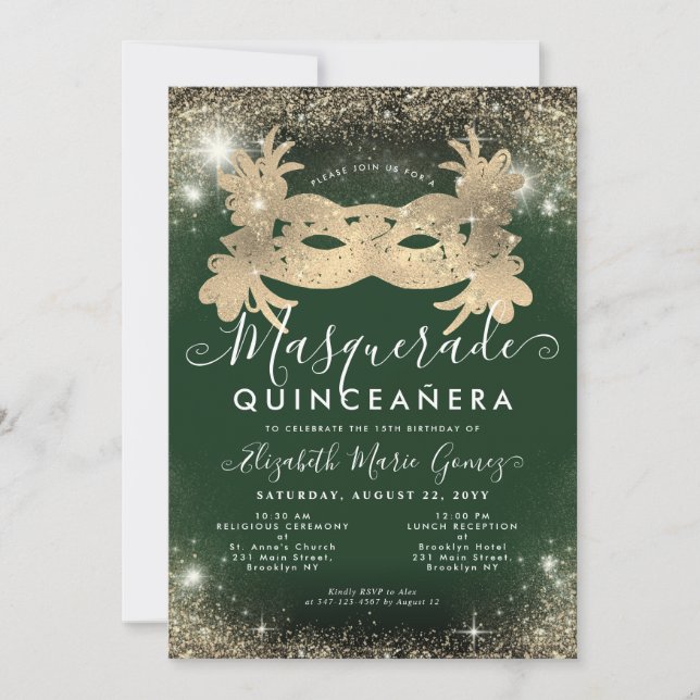 Masquerade Emerald Green Gold Glitzer Quinceanera Einladung (Vorderseite)