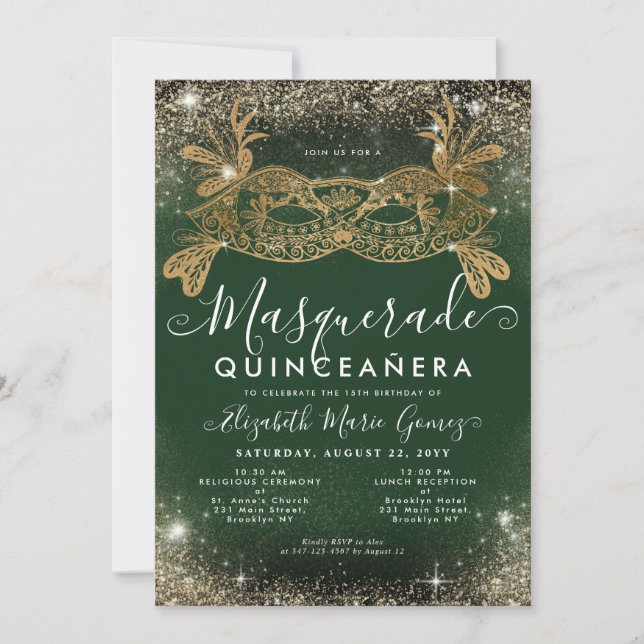 Masquerade Emerald Green Gold Glitzer Quinceanera Einladung (Vorderseite)