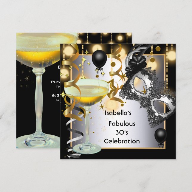 Masquerade Fabulous Silver Maske Gold Lights Party Einladung (Vorne/Hinten)
