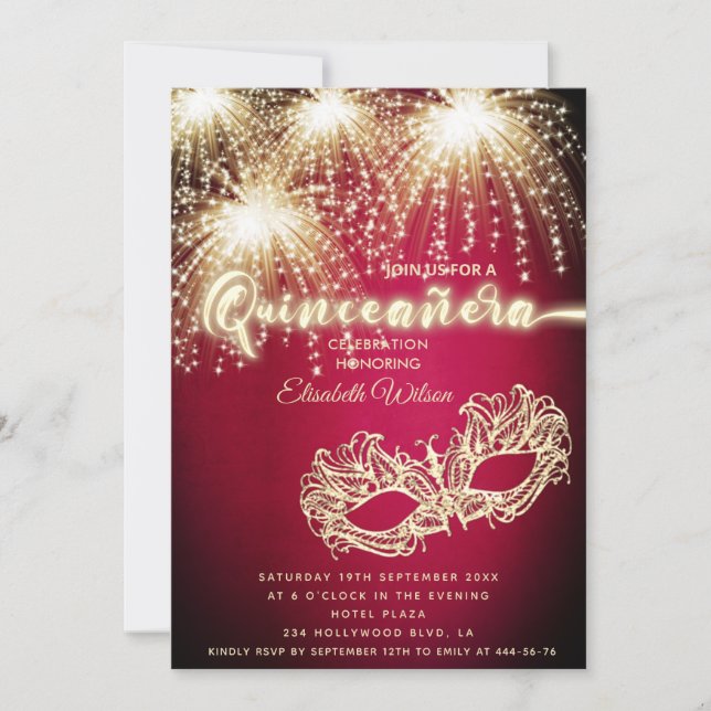 Masquerade funkelndes Feuerwerk Luxus Quinceañera Einladung (Vorderseite)