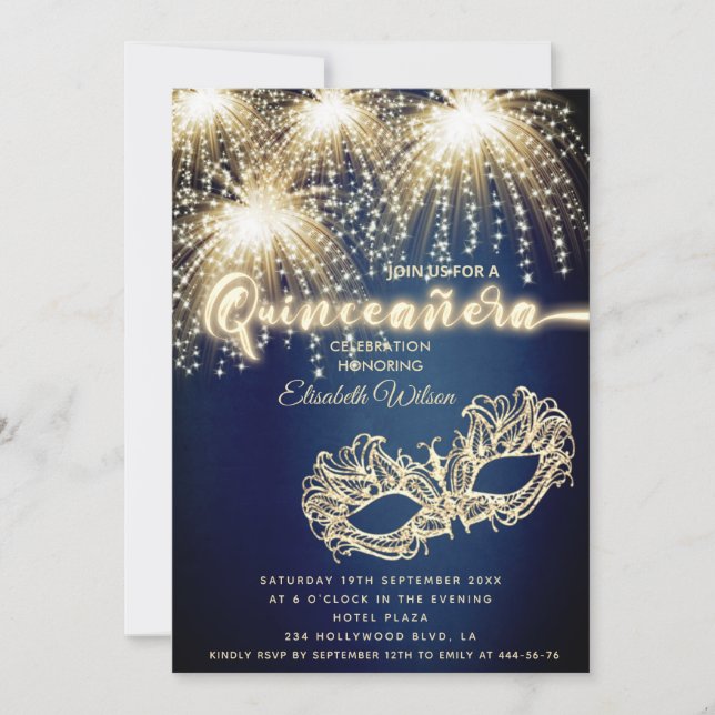 Masquerade funkelndes Feuerwerk Luxus Quinceañera Einladung (Vorderseite)