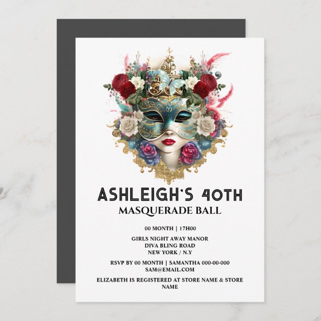 Masquerade Geburtstag Venezianische Damen Gesichts Einladung (Vorne/Hinten)