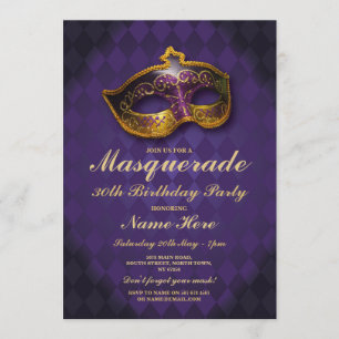 Masquerade Geburtstagsparty Gold Lila Maske Einlad Einladung
