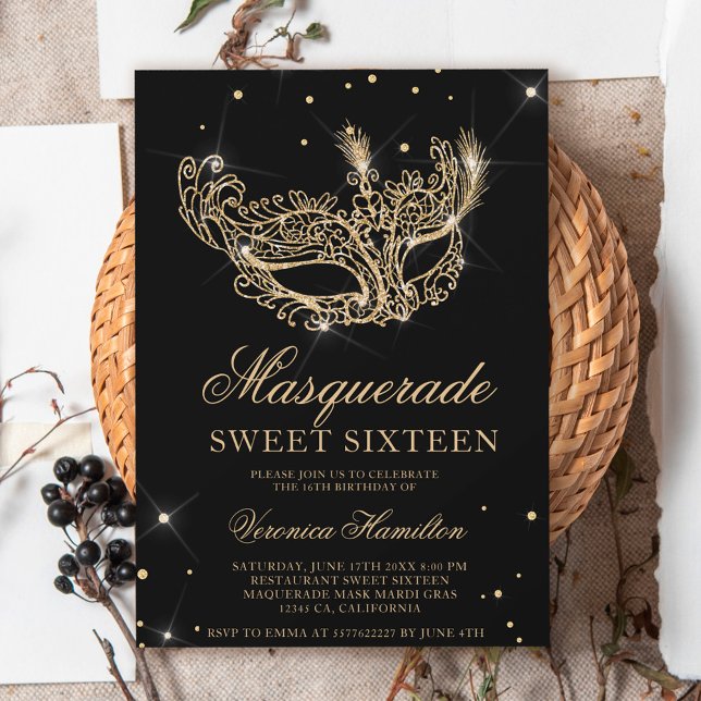 Masquerade Glitzer Maske Schwarz Gold Sweet 16 Einladung (Masquerade black gold glitter mask Sweet 16 Invitation)
