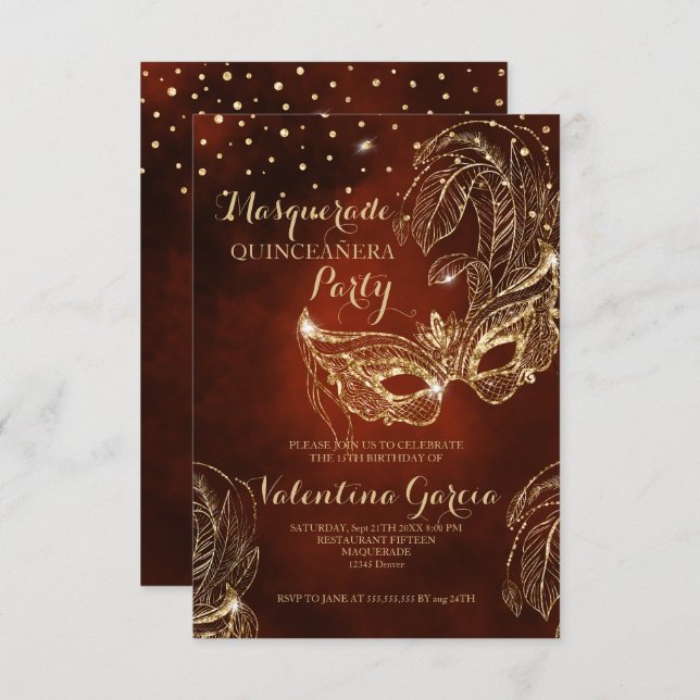 Masquerade Glitzer quinceanera Maske laden rot ein Save The Date (Vorne/Hinten)