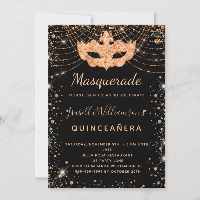 Masquerade Glitzer-Staub Quinceanera Einladung (Vorderseite)