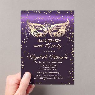 Masquerade Gold Diamanten Lila Sweet 16  Acryleinladungen