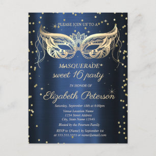 Masquerade Gold Diamanten Navy Blau Sweet 16  Einladungspostkarte