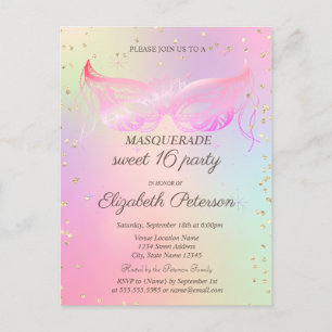 Masquerade Gold Diamonds Holographic Sweet 16 Einladungspostkarte