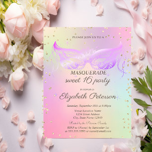 Masquerade Gold Diamonds Holographic Sweet 16 Einladungspostkarte