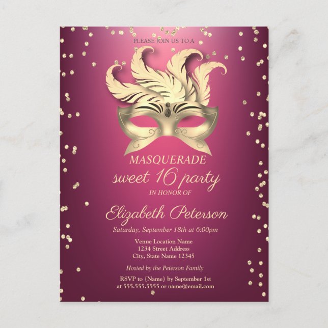 Masquerade Gold Diamonds,Masque,Lila Sweet 16 Einladungspostkarte
