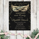 Masquerade Gold Diamonds Sweet 16 Einladungspostkarte<br><div class="desc">Gold Diamanten und Maske auf schwarzem Hintergrund.</div>