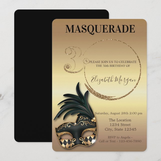 Masquerade Gold Glitzer 30. Geburtstag Einladung (Vorne/Hinten)