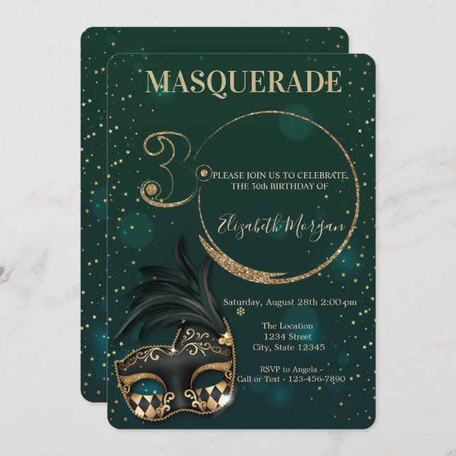 Masquerade Gold Glitzer Green 30. Geburtstag Einladung (Vorne/Hinten)