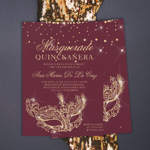 Masquerade Gold Glitzer Rot Bordeaux Quinceanera Einladung