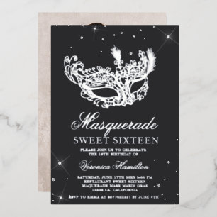 Masquerade grau silber glitzer maske Sweet 16 foto Folieneinladung