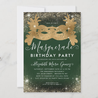 Masquerade Green Gold Glitzer Staub Geburtstagspar Einladung
