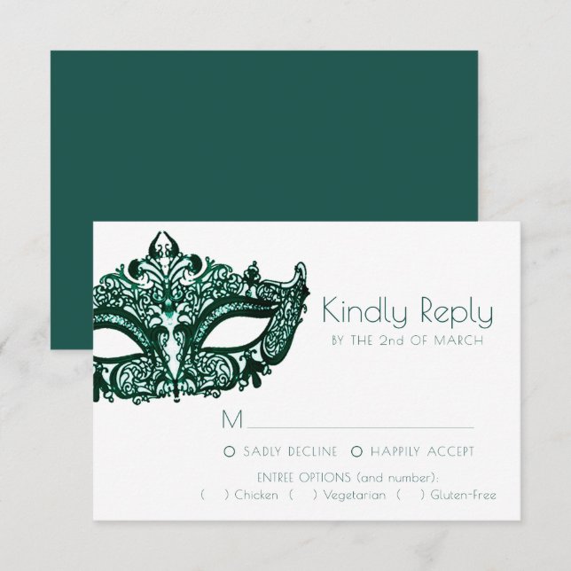 Masquerade Green Mask | Dark Emerald Entree Option RSVP Karte (Vorne/Hinten)