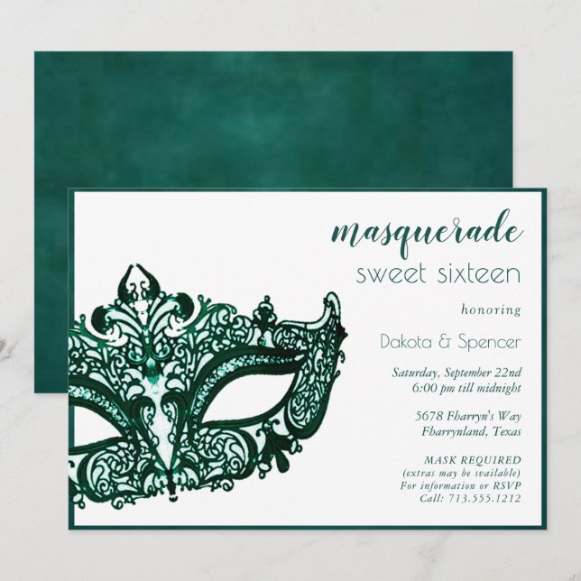 Masquerade Green Mask | Mardi Gras Thema Sweet 16 Einladung (Vorne/Hinten)