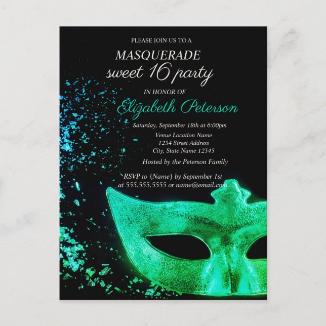 Masquerade Green Masque Black Sweet 16 Einladungspostkarte (Vorderseite)
