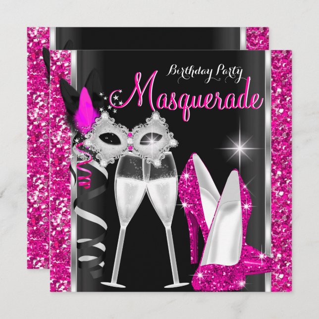 Masquerade Hi Heelses Pink Black Champagne Party 2 Einladung (Vorne/Hinten)