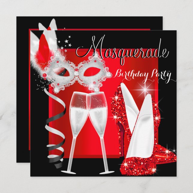 Masquerade Hi Heelses Red Black Champagne Party 2 Einladung (Vorne/Hinten)