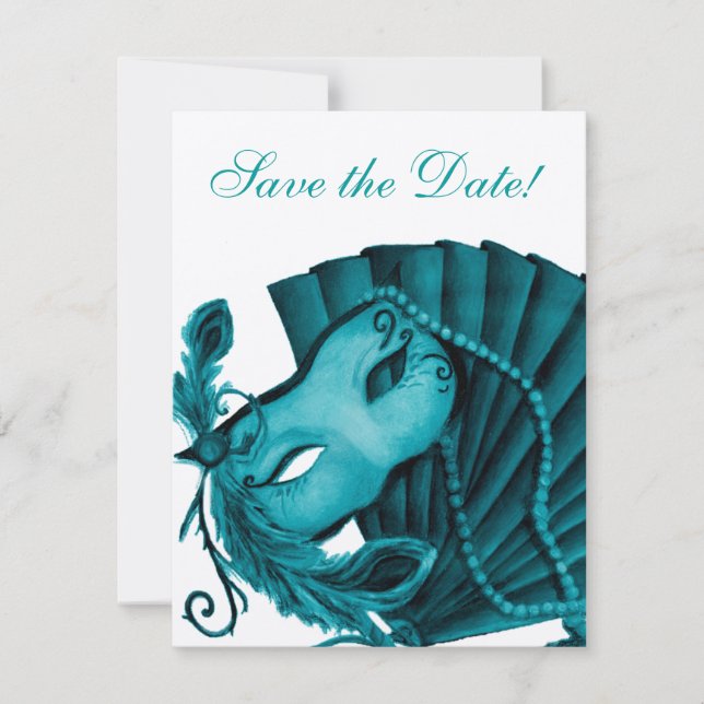 Masquerade in Aquamarin Save the Date (Vorderseite)