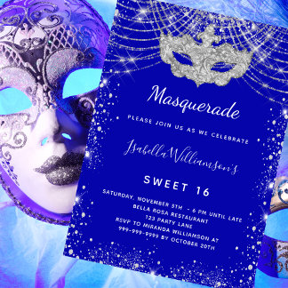Masquerade Königsblau silber Sweet 16 Party Einladung