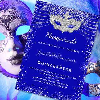 Masquerade königsblau silberblaues Quinceanera Par Einladung