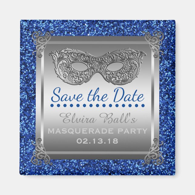 Masquerade Kostume Party Blau Silber Save the Date Magnet (Vorne)