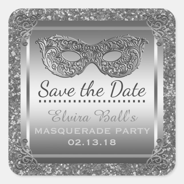 Masquerade Kostume Party Glam Silver Save the Date Quadratischer Aufkleber (Vorderseite)