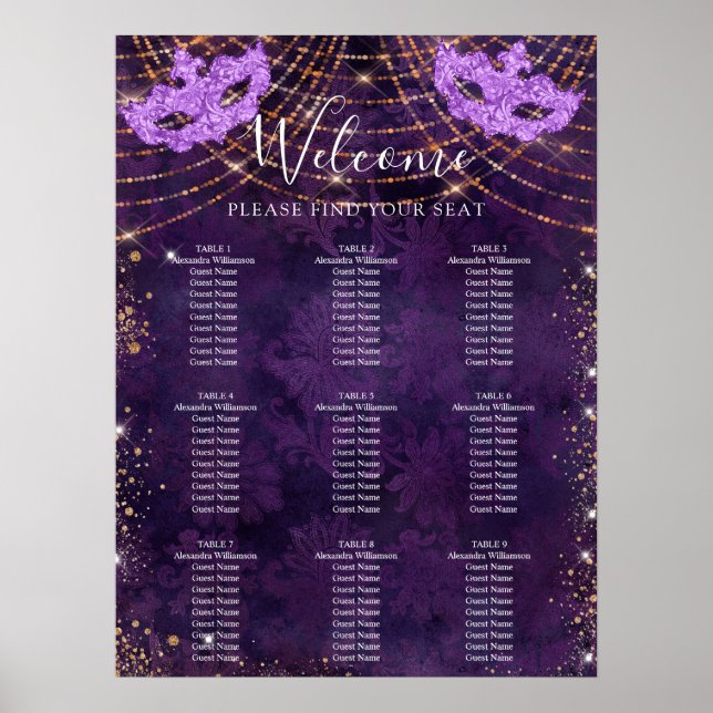 Masquerade lila Glitzer 9 Tabellen Sitzplakette Poster (Vorne)