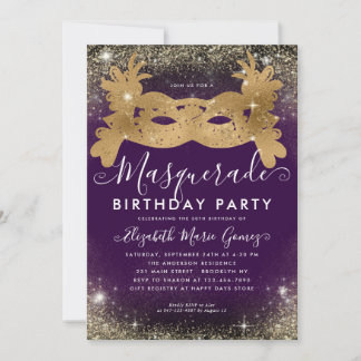 Masquerade Lila Gold Glitzer Staub Geburtstagspart Einladung