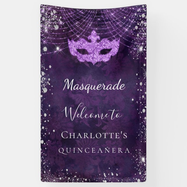Masquerade lila silber Glitzer Staub Quinceanera Banner (Vertikal)