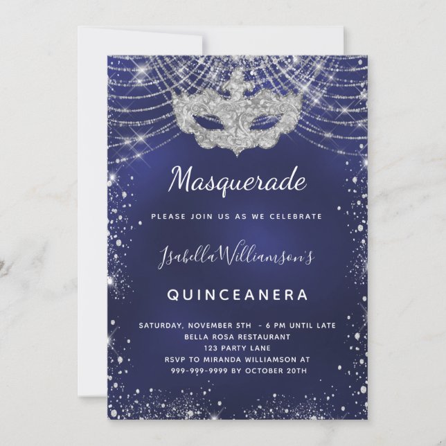 Masquerade Marine Blau Silber Quinceanera Party Einladung (Vorderseite)