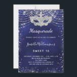 Masquerade Marineblau Silberblauer Glitzer Sweet 1 Einladung<br><div class="desc">Für eine elegante Masquerade,  Sweet 16,  16. Geburtstag. Ein trendiger marineblauer Hintergrund,  die blaue Farbe ist ungleichmäßig. Dekoriert mit Imitaten silbernen Glitzer Staub und eine Maskerade Maske. Personalisieren und fügen Sie Namen,  Alter und Party Details hinzu. Der Name wird mit einem handgeschriebenen Stilskript geschrieben</div>
