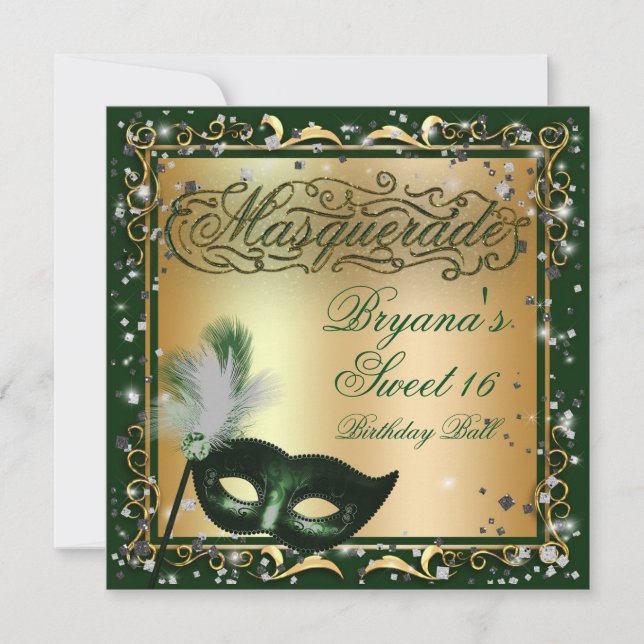 Masquerade Mask Gold & Green Geburtstagsparty Einladung (Vorderseite)