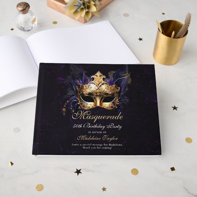 Masquerade Mask Gold Purple Dramatic 50th Birthday Gästebuch (Vorderseite Offen)