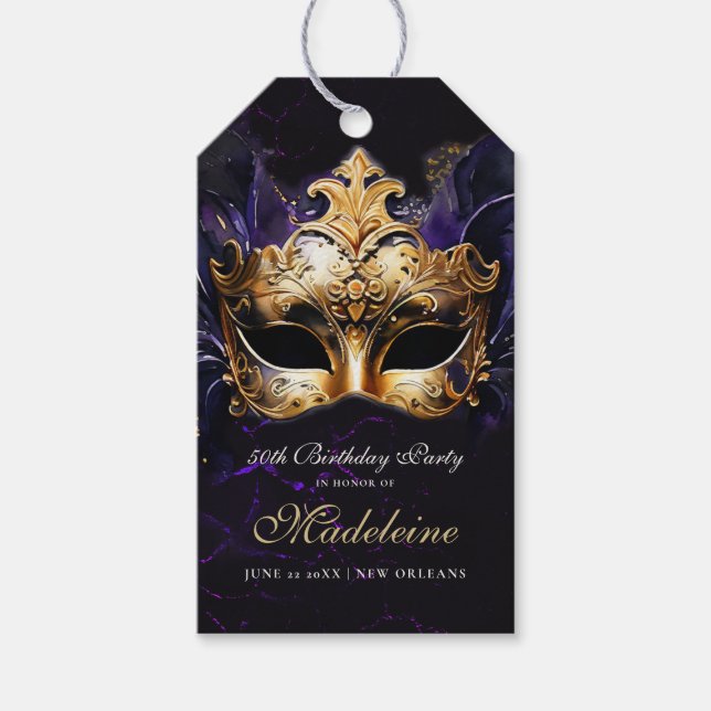 Masquerade Mask Gold Purple Dramatic 50th Birthday Geschenkanhänger (Vorderseite)