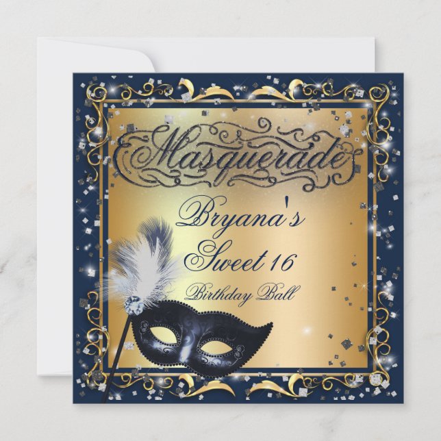 Masquerade Mask Gold & Royal Blue Birthday Party Einladung (Vorderseite)