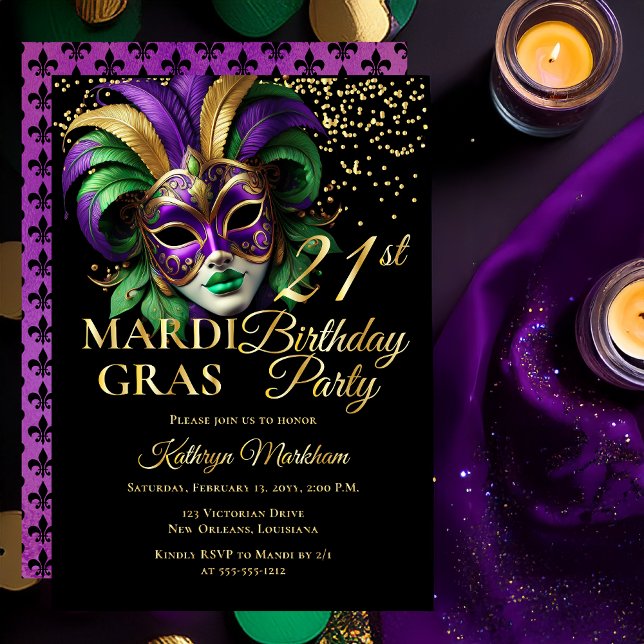 Masquerade Mask Mardi Gras 21st Birthday Party Folieneinladung (Elegant Purple Green Gold Tone Masquerade Mask Mardi Gras 21st Birthday Party Gold Foil Invitation )