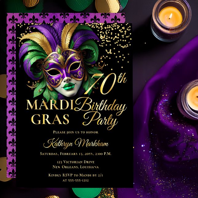 Masquerade Mask Mardi Gras 70th Birthday Party Folieneinladung (Elegant Purple Green Gold Tone Masquerade Mask Mardi Gras 70th Birthday Party Gold Foil Invitation )