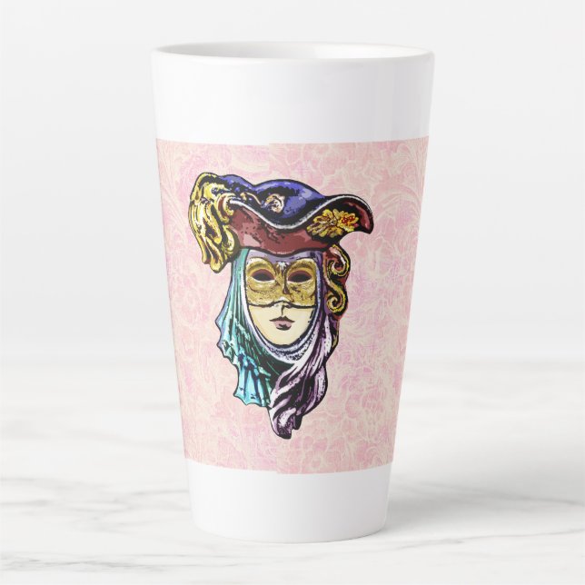 Masquerade Mask on Dusty Pink Brocade Muster Milchtasse (Vorderseite)
