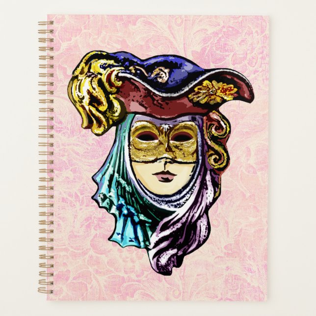 Masquerade Mask on Dusty Pink Brocade Muster Planer (Vorderseite)