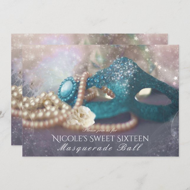 Masquerade Mask & Pearls Rainbow Party Einladungen (Vorne/Hinten)