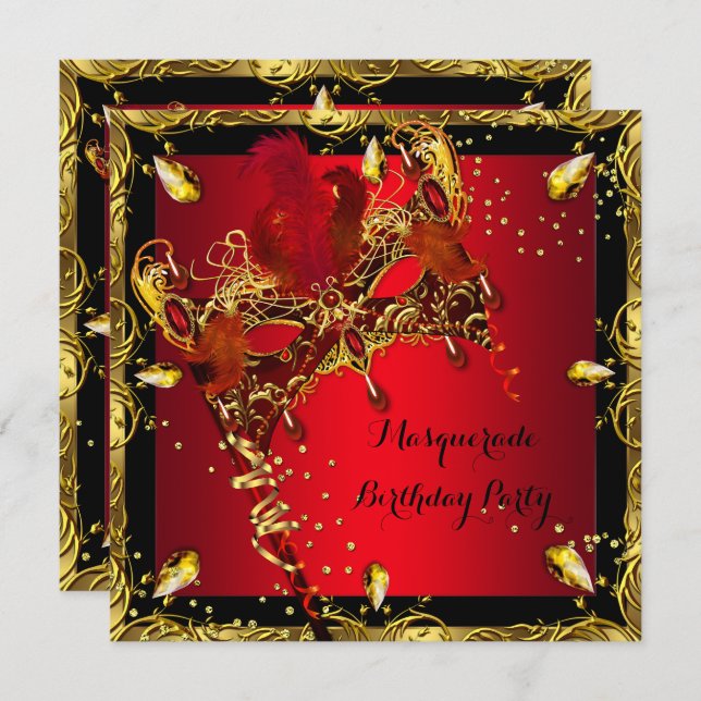 Masquerade Mask Red Gold Geburtstagspartei Einladung (Vorne/Hinten)