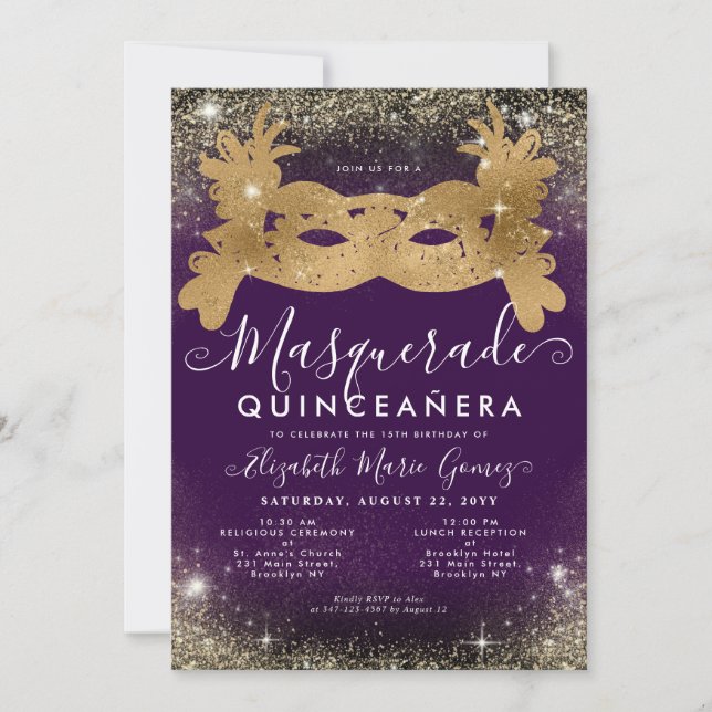 Masquerade Maske Lila Gold Glitzer Quinceanera Einladung (Vorderseite)
