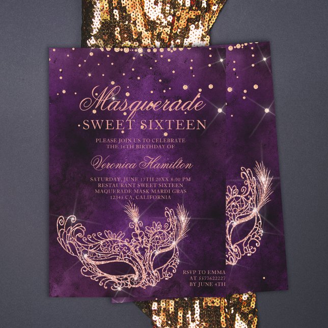 Masquerade Maske lila Rose Gold Glitzer Sweet 16 Einladung (Von Creator hochgeladen)