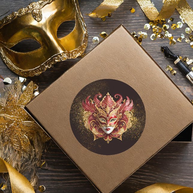 Masquerade Maske Motif Red Gold ID1031 Runder Aufkleber (Von Creator hochgeladen)